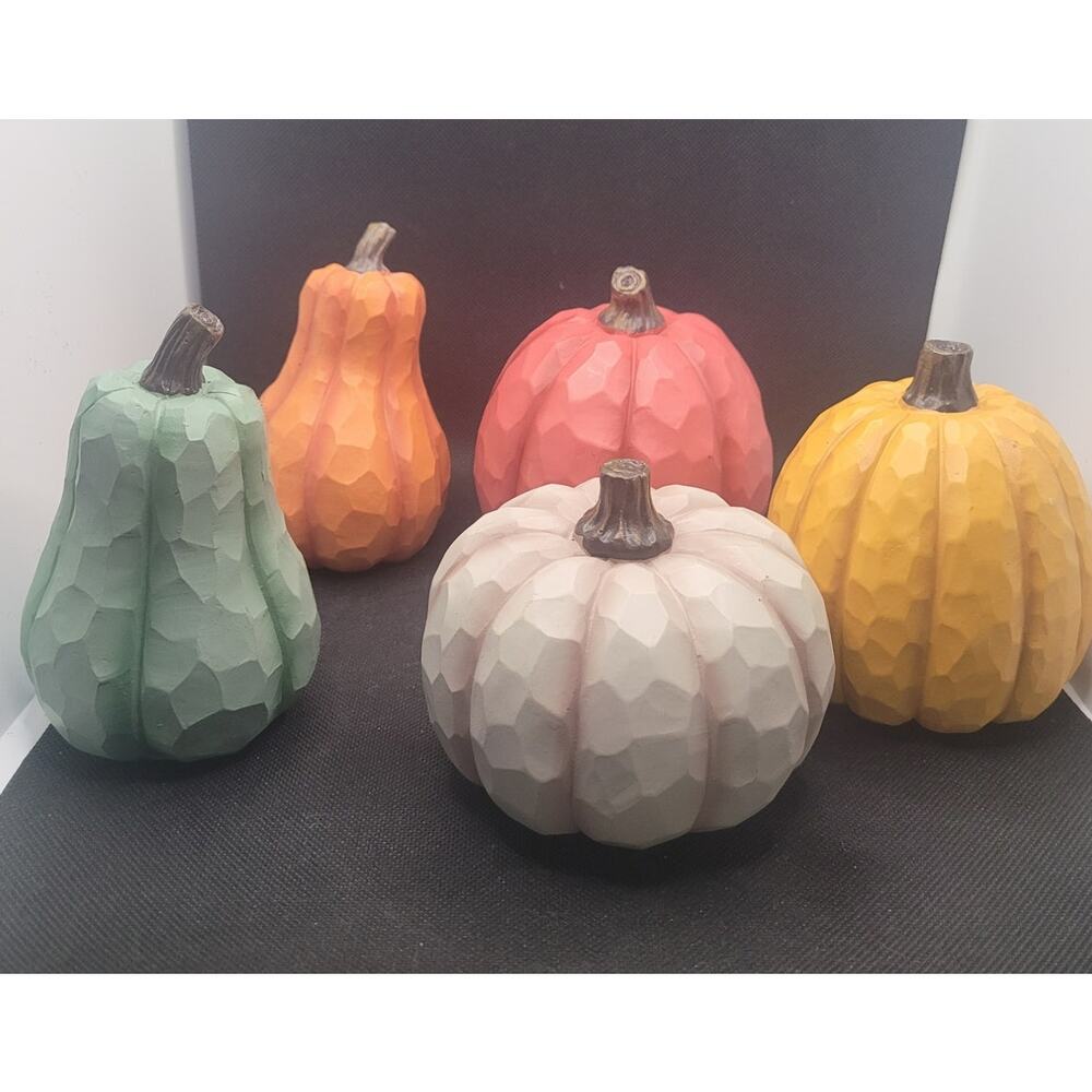 Set of 5 Faux Wood Carved Pumpkins Fall Decor Rustic Farmhouse Autumn